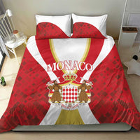 Red Monaco bedding set with crown crest center, striped duvet and two pillow shams