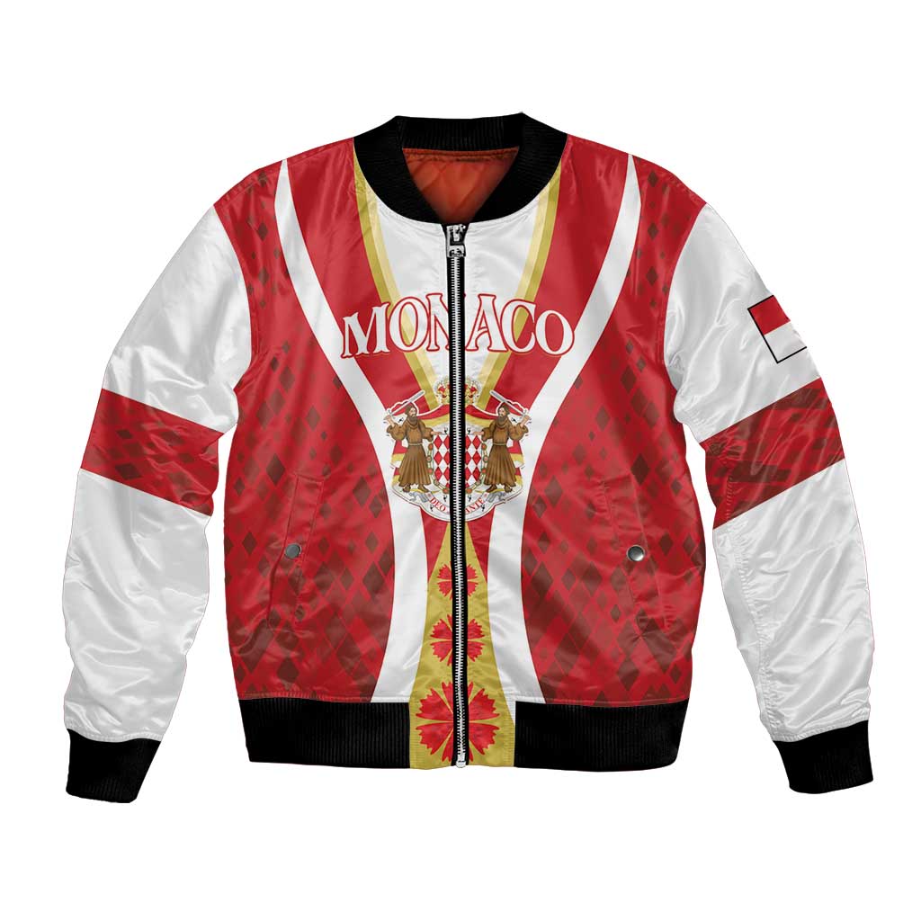 Red and white bomber jacket with black ribbed trim, zip front, Monaco-style crest graphic