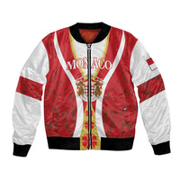 Red and white bomber jacket with black ribbed trim, zip front, Monaco-style crest graphic