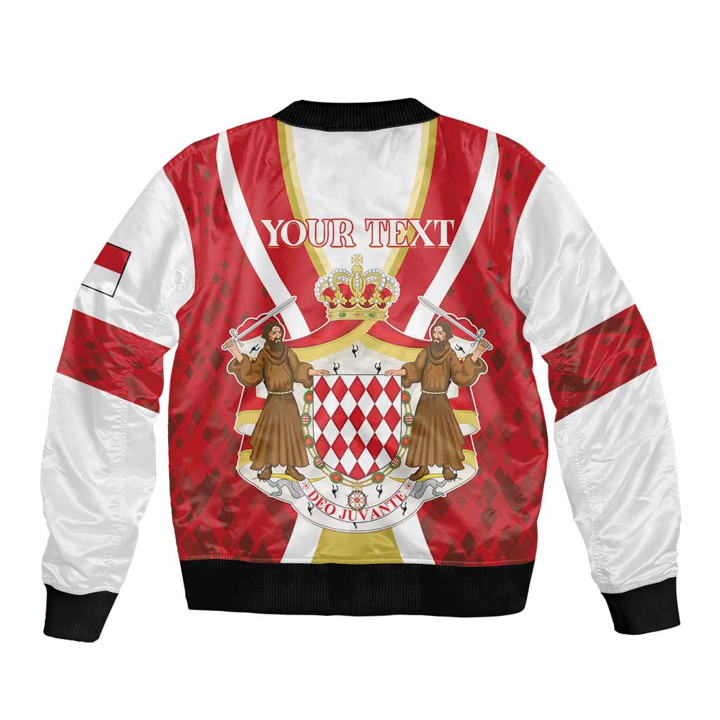 Red and white bomber jacket with black ribbed trim, zip front, crown crest with YOUR TEXT