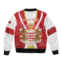 Red and white bomber jacket with black ribbed trim, zip front, crown crest with YOUR TEXT