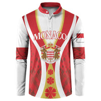 Red and white Monaco button henley sweatshirt with crown crest graphic, long sleeves