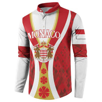 Red and white Monaco button henley sweatshirt with crown crest and leaves graphic