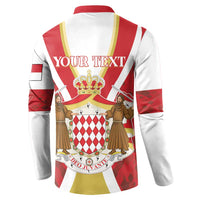Red and white button henley sweatshirt, back reads 'YOUR TEXT' with crown crest