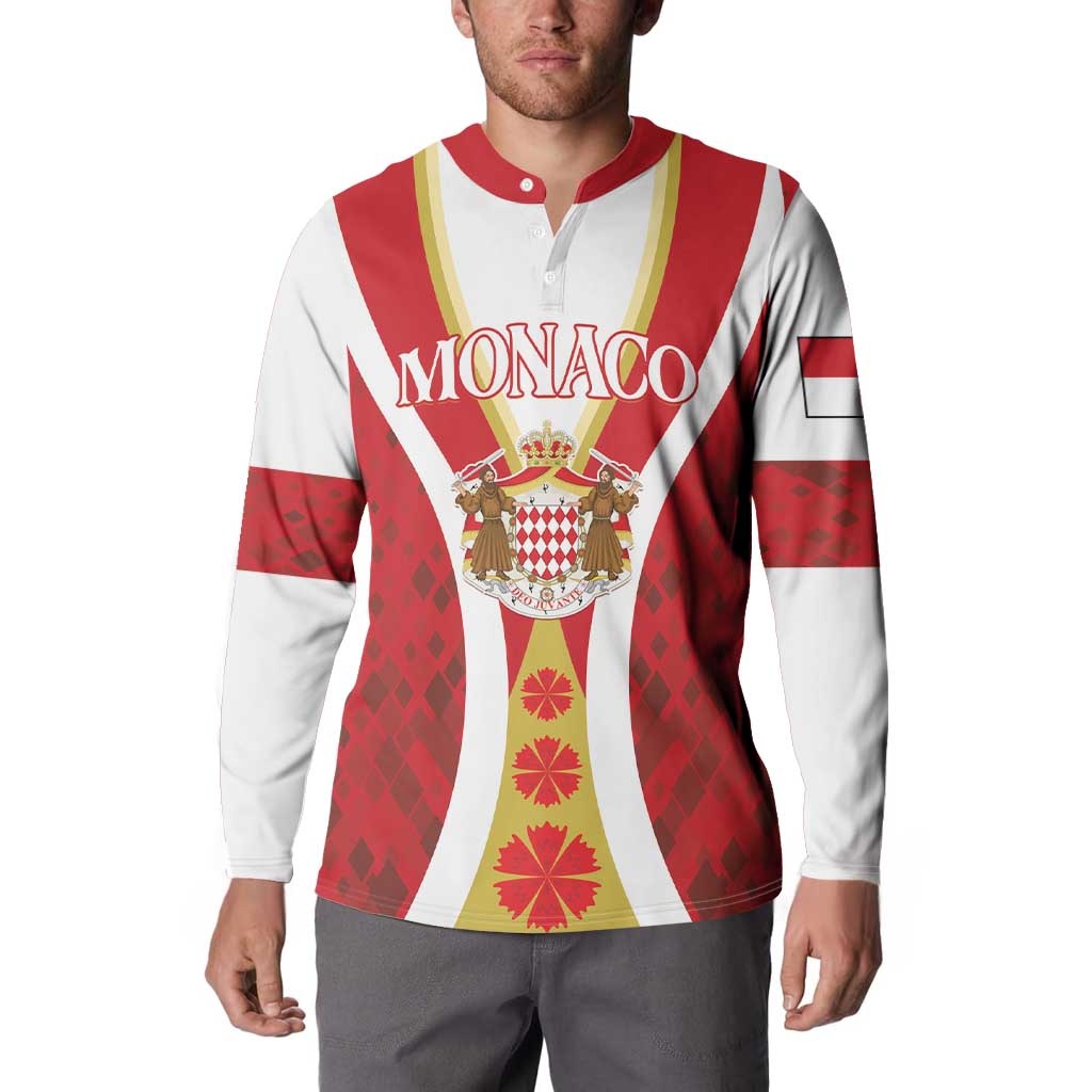 Monaco button henley sweatshirt in red and white, long sleeves with buttoned collar