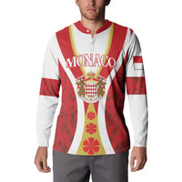 Monaco button henley sweatshirt in red and white, long sleeves with buttoned collar
