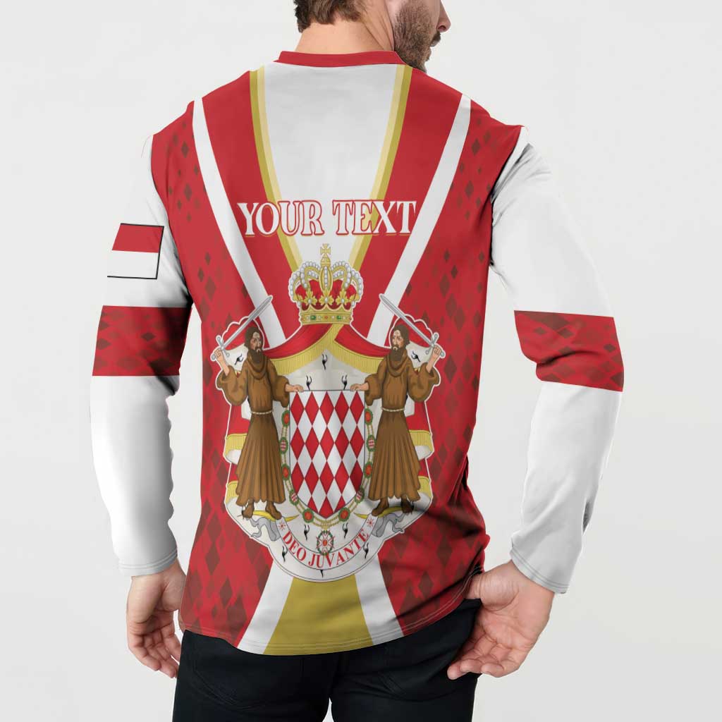 Red and white button henley sweatshirt, back reads 'YOUR TEXT' over crest