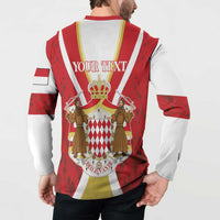 Red and white button henley sweatshirt, back reads 'YOUR TEXT' over crest
