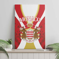 Monaco canvas wall art, red and white graphic with crown, shield, two figures, 'MONACO' lettering