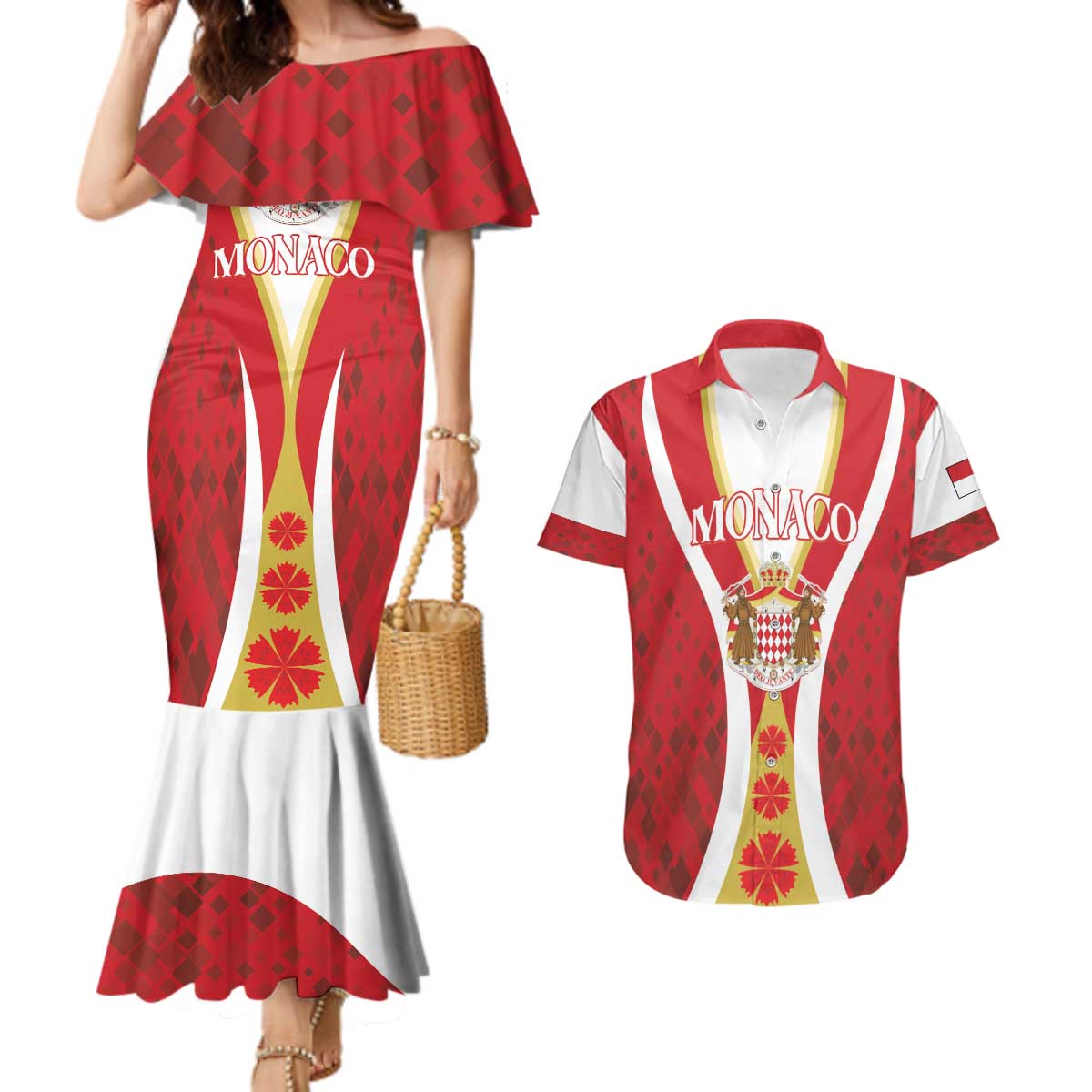 Personalized Monaco Couples Matching Mermaid Dress and Hawaiian Shirt Deo Juvante - Wonder Print Shop