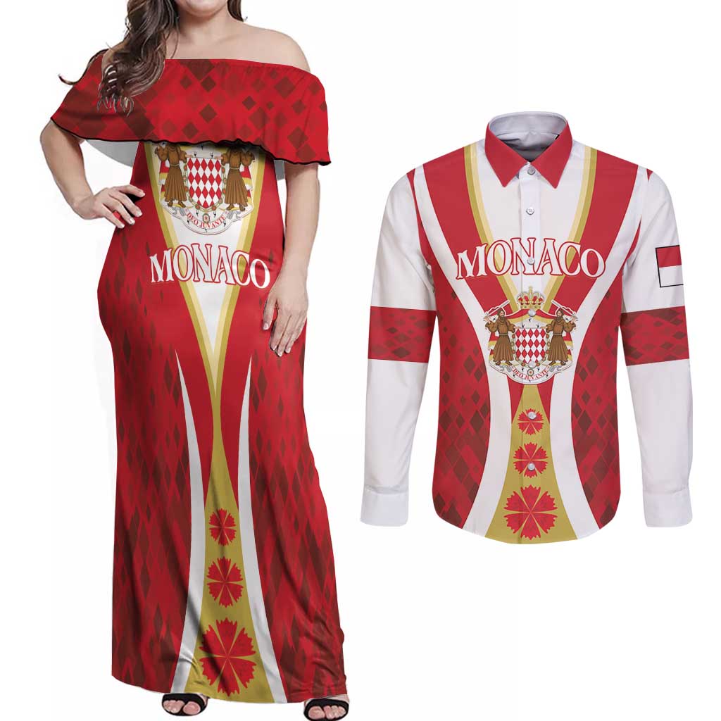 Personalized Monaco Couples Matching Off Shoulder Maxi Dress and Long Sleeve Button Shirt Deo Juvante - Wonder Print Shop