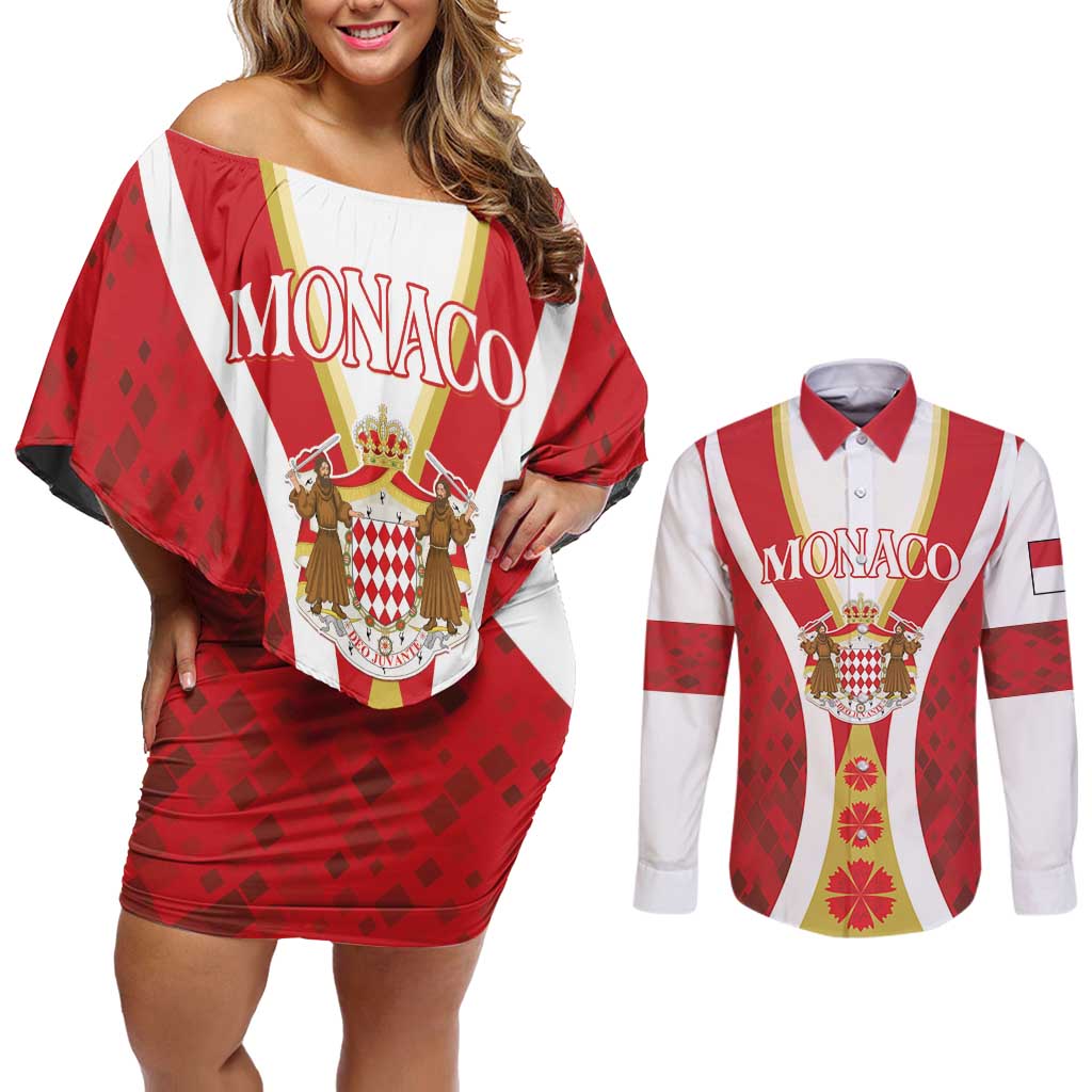 Personalized Monaco Couples Matching Off Shoulder Short Dress and Long Sleeve Button Shirt Deo Juvante - Wonder Print Shop