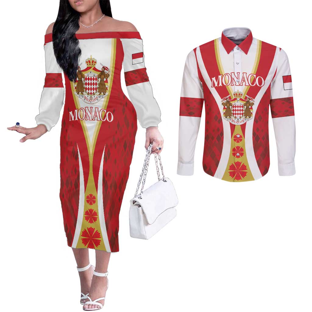 Personalized Monaco Couples Matching Off The Shoulder Long Sleeve Dress and Long Sleeve Button Shirt Deo Juvante