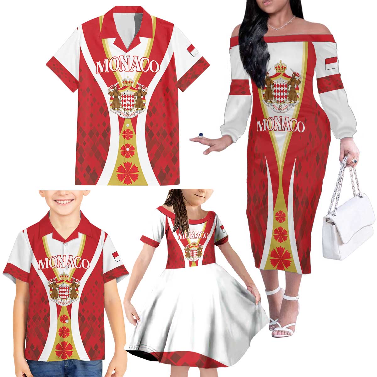 Personalized Monaco Family Matching Off The Shoulder Long Sleeve Dress and Hawaiian Shirt Deo Juvante - Wonder Print Shop