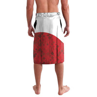 Red and white graphic patterned shorts, back view with diamond design panel