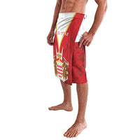Red and white graphic patterned shorts with patchwork panels, side view