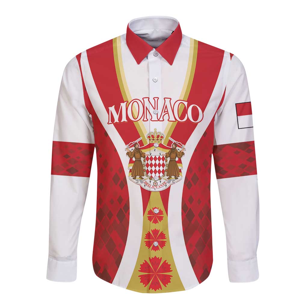 Personalized Monaco long-sleeve button shirt, red white yellow stripes, MONACO crest
