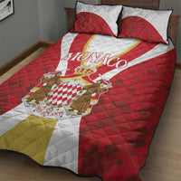 Monaco quilt bed set, red quilt with white panel and crest graphic, plus two square pillowcases