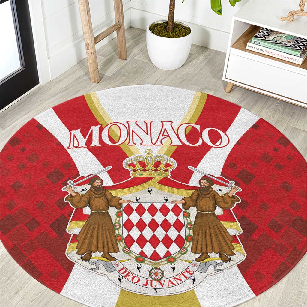 Red round carpet with central Monaco crest and card shield illustration