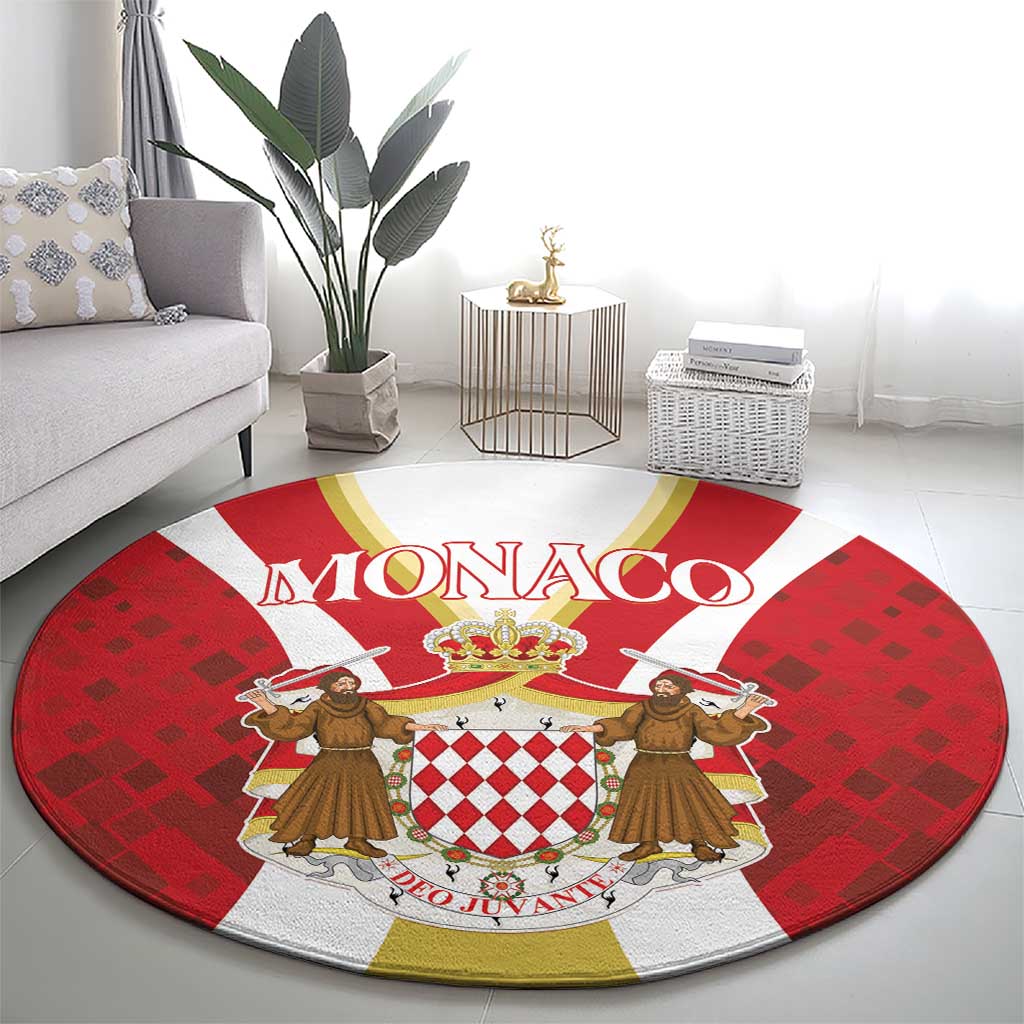 Red round carpet with Monaco crest medallion and two musician figures