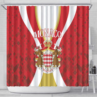 Red shower curtain with Monaco crest, gold crown and diamond-pattern panels