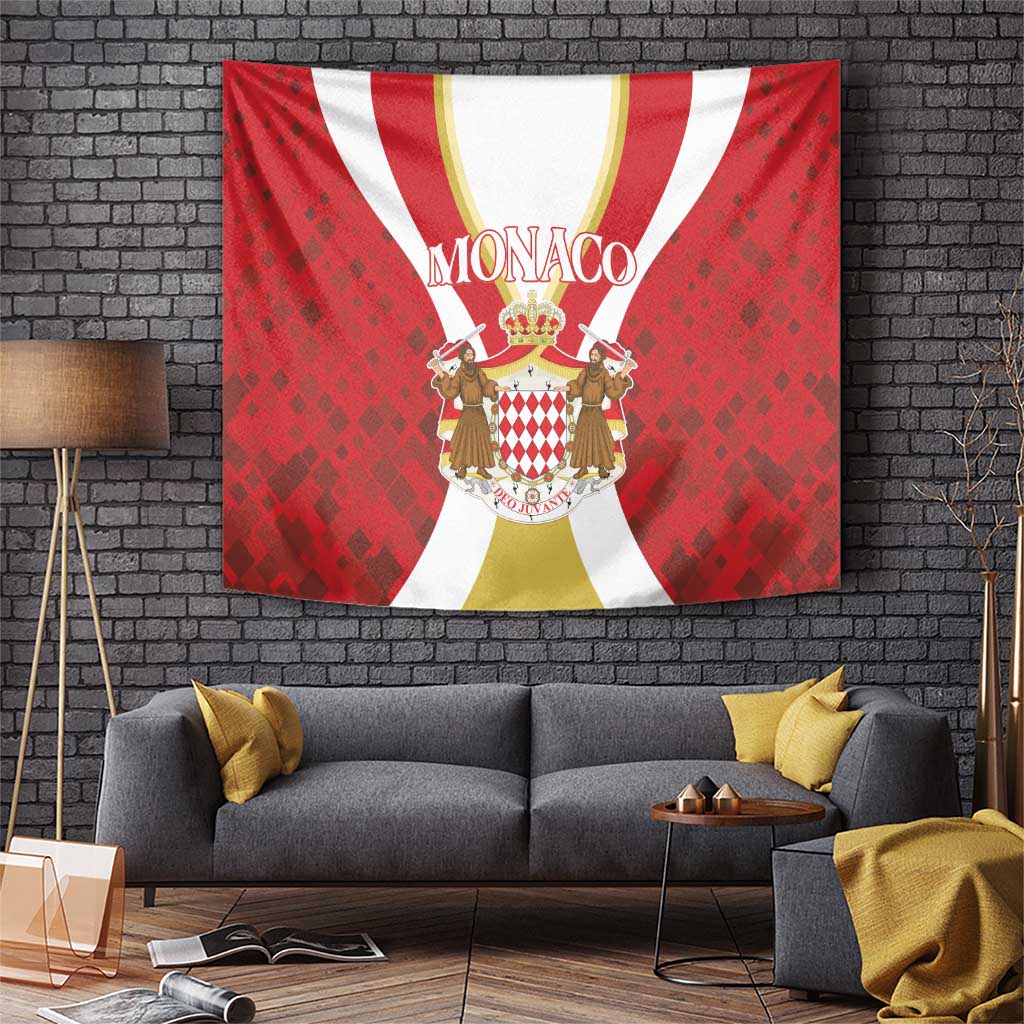 Red Monaco tapestry with central crown, gold-white stripes, and regal figures