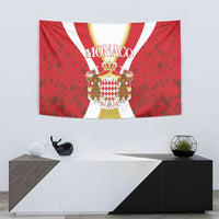 Red Monaco tapestry with crown crest, MONACO title, and white-and-gold striped arches