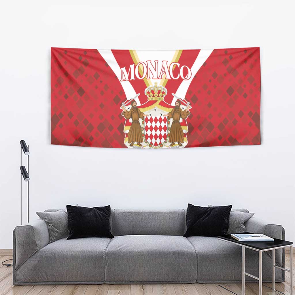 Red Monaco tapestry with MONACO lettering, central shield, and two robed attendants