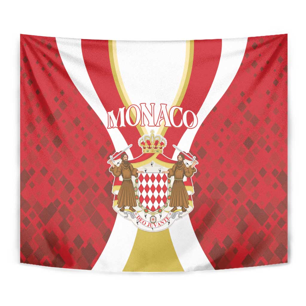 Red Monaco tapestry close-up with crown crest, MONACO text, and striped arches