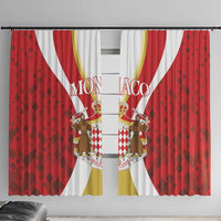 Red window curtain set with cartoon royal figures, diamond pattern, white and yellow side panels.