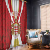Red window curtain with cartoon royal crest and figures, diamond pattern, white stripe and yellow panel.