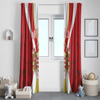 Red window curtain set with diamond pattern, white diagonal stripes, yellow side panels, and cartoon figures.