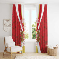 Red window curtain panels with gathered tops, diamond pattern, white diagonal stripes, and yellow side sections.