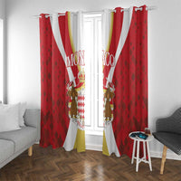Red window curtain panels with diamond pattern, white diagonal stripes, yellow side sections, royal characters.