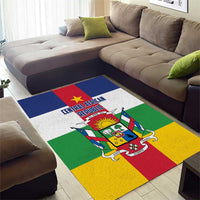 Central African Republic flag style rug with central coat of arms and colored cross