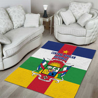 Rectangular flag print area rug with Central African Republic text and crest
