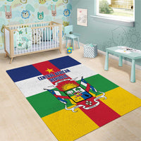 Central African Republic flag style floor rug with multicolor stripes and coat of arms