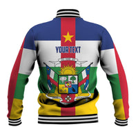 Central African Republic flag baseball jacket back with 'YOUR TEXT' and ribbed hem