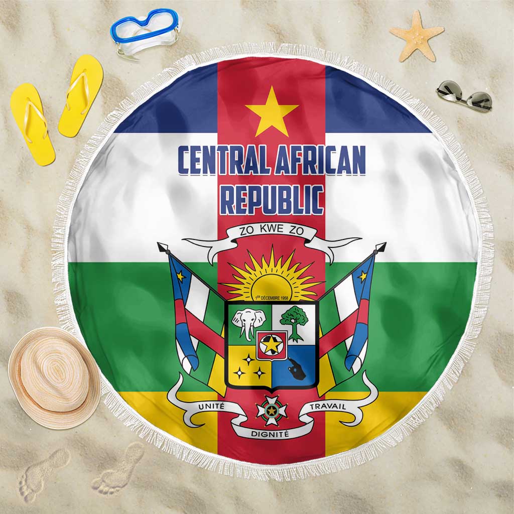Central African Republic flag beach blanket with round fringe edge and crest