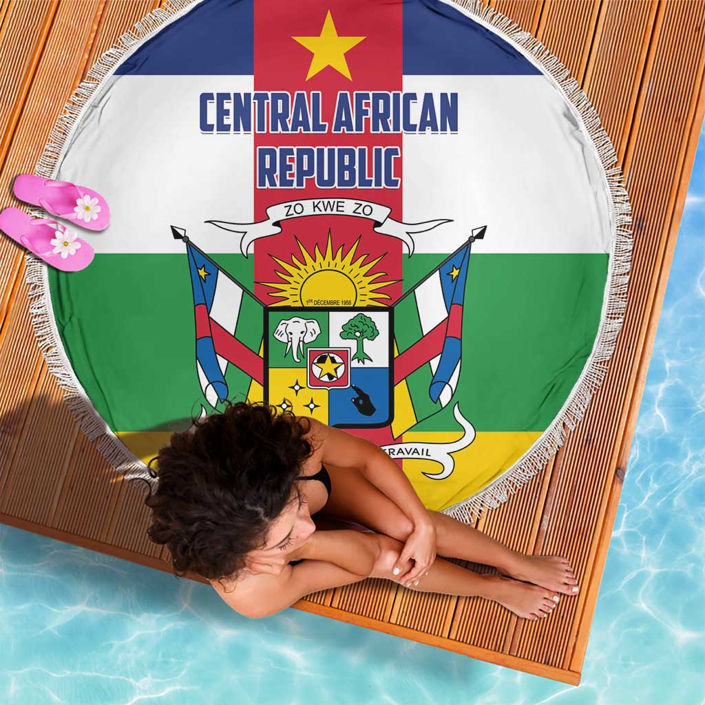 Central African Republic flag round beach blanket with fringe and full crest design