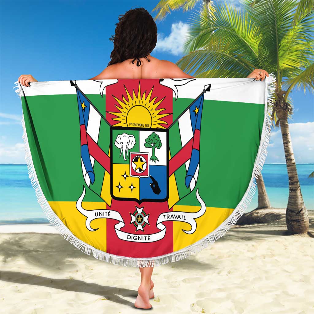 Central African Republic flag beach blanket with fringe, held up outdoors like a shawl