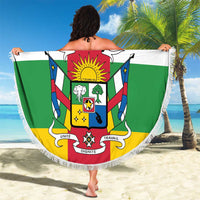 Central African Republic flag beach blanket with fringe, held up outdoors like a shawl