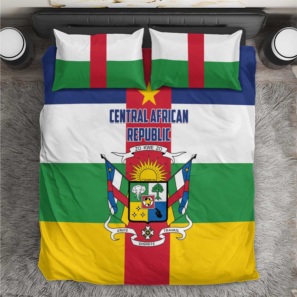 Central African Republic bedding set with flag stripes, central crest, and yellow star