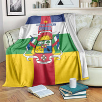 Central African Republic flag-style blanket with coat of arms and motto, draped on couch