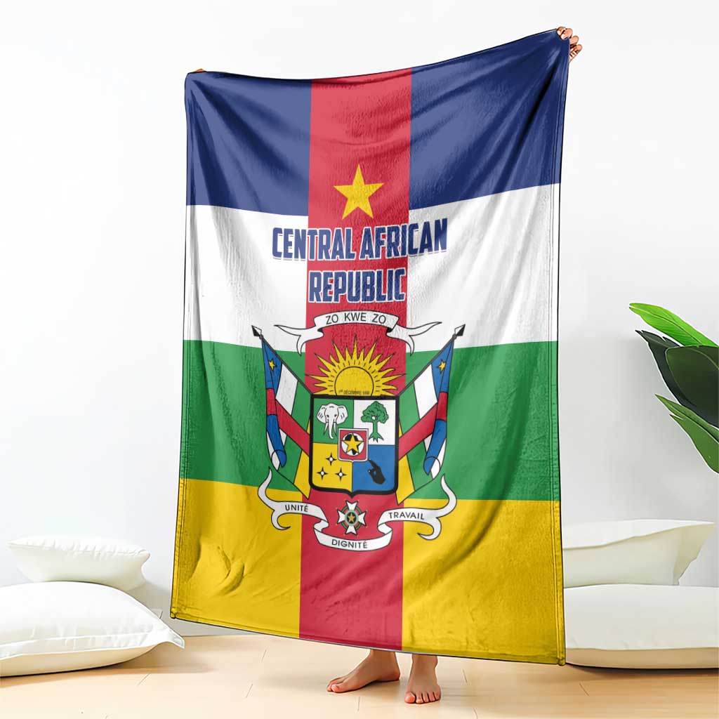 Central African Republic flag-style blanket hanging, showing central coat of arms and text