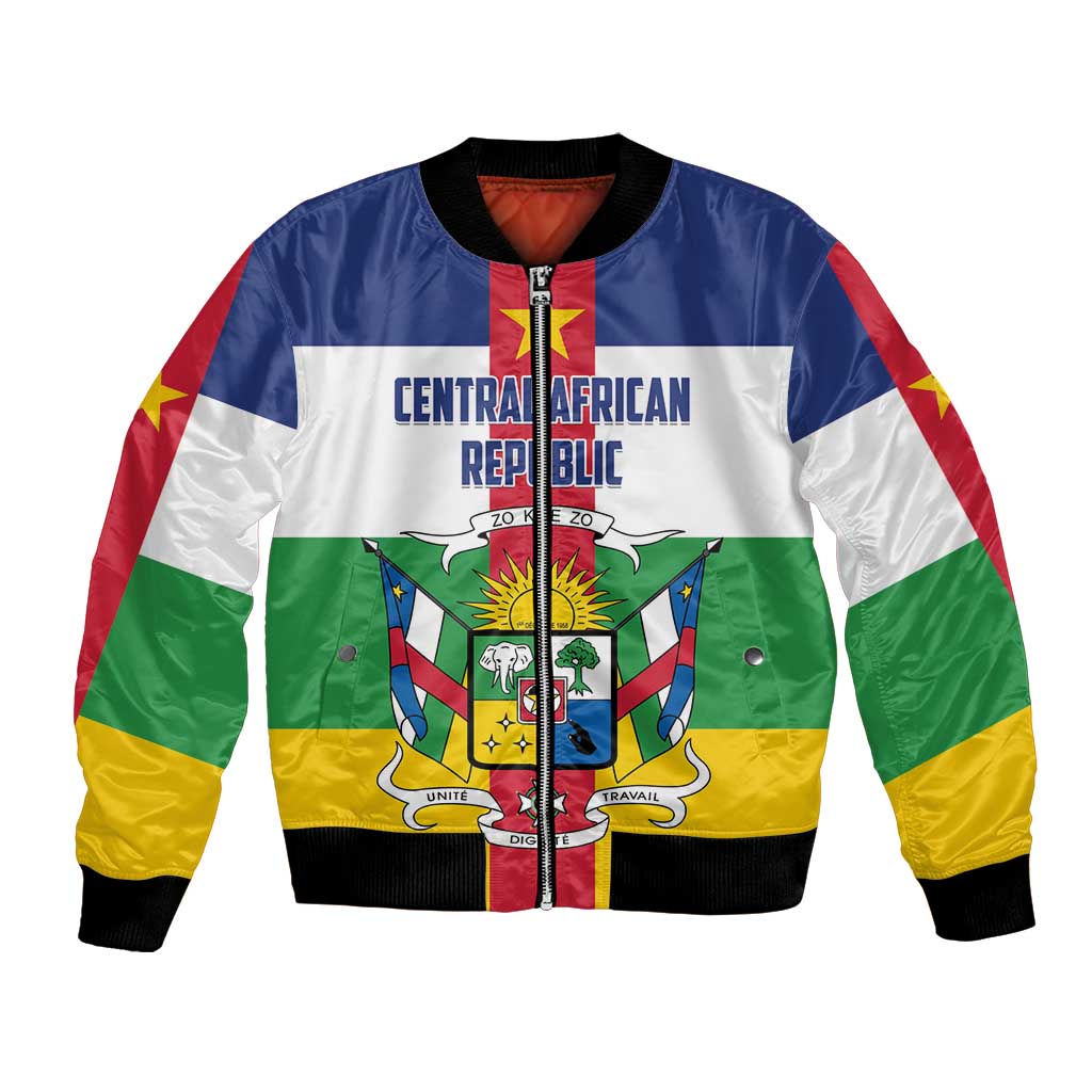Central African flag bomber jacket with full-zip front, crest graphic, ribbed cuffs