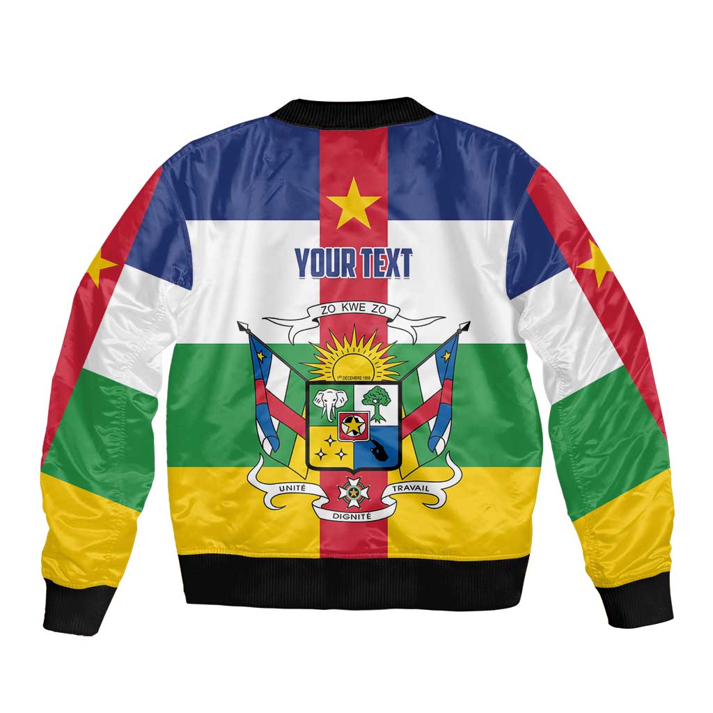 Central African flag bomber jacket with full-zip front, personalized text, ribbed cuffs