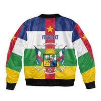 Central African flag bomber jacket with full-zip front, personalized text, ribbed cuffs
