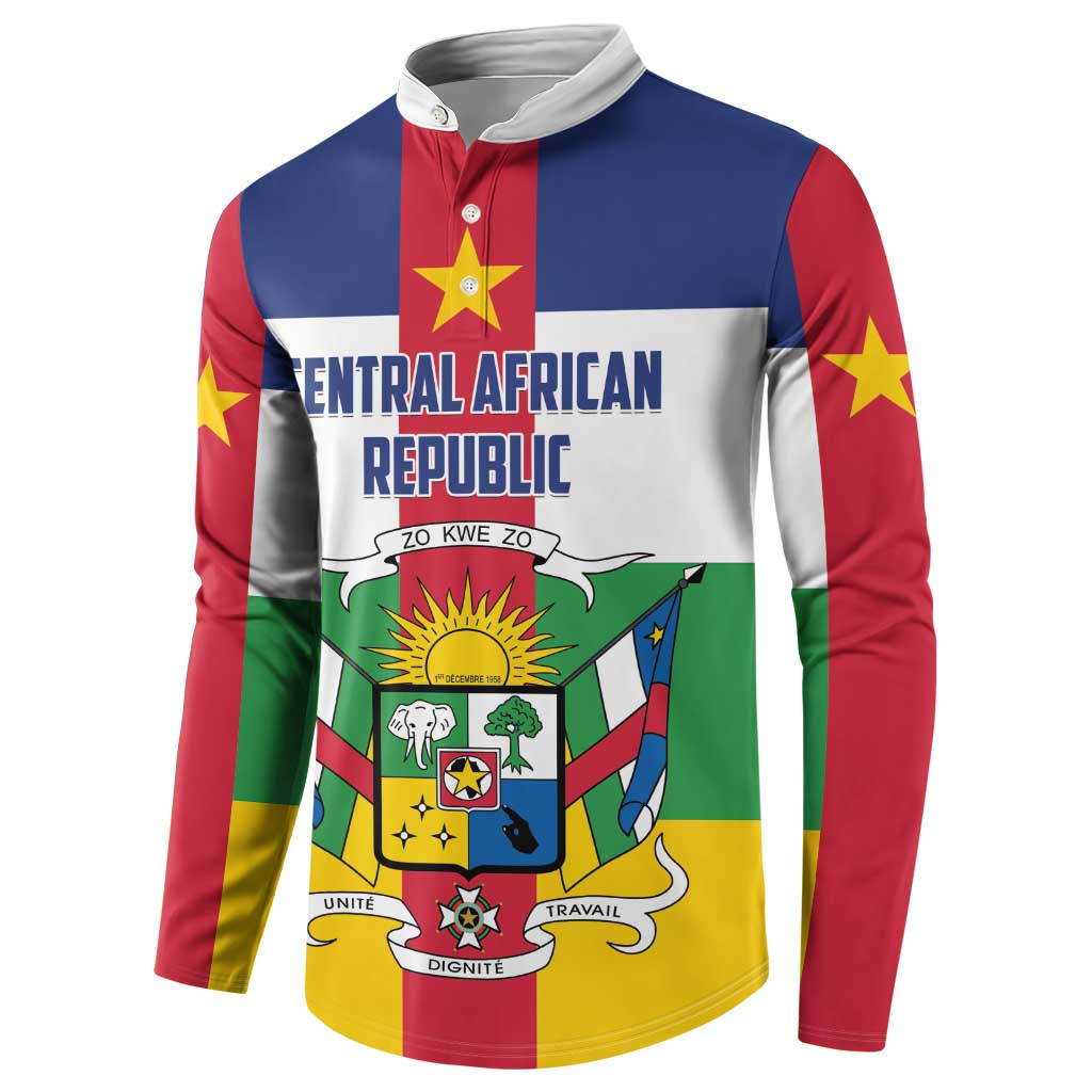 Men's button sweatshirt with Central African Republic flag graphic, front view with placket