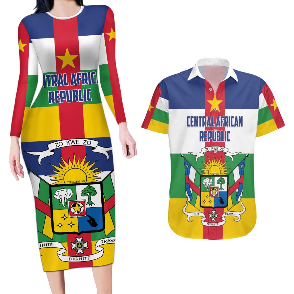 Personalized Central African Republic Couples Matching Long Sleeve Bodycon Dress and Hawaiian Shirt Zo Kwe Zo Flag Style - Wonder Print Shop